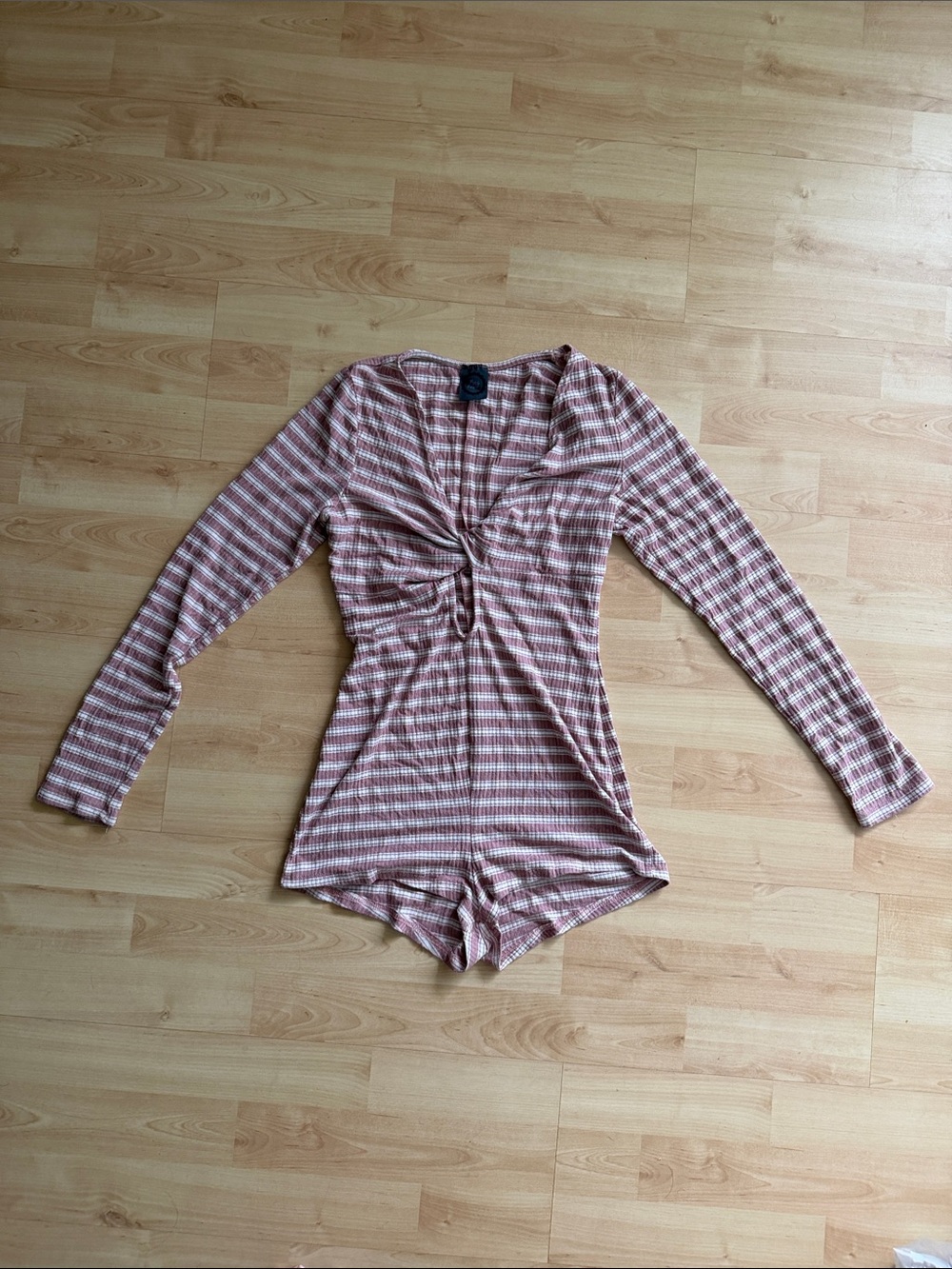 Striped Long-Sleeve Twist-Front Bodysuit Romper in Mauve and White